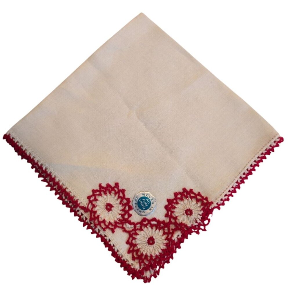 Vintage NOS Irish Linen Handkerchief With Red Crochet Edge Trim HANKIE hanky